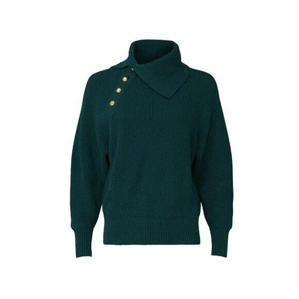 Tara Jarmon Paris Women's Wool Blend Green Cowl Neck Sweater Gold Buttons Large - Picture 4 of 10